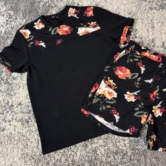 SET OF 2 - SHEIN, Men’s Floral Black Short Sleeve T-Shirt and Shorts Set, Large - Picture 2 of 13